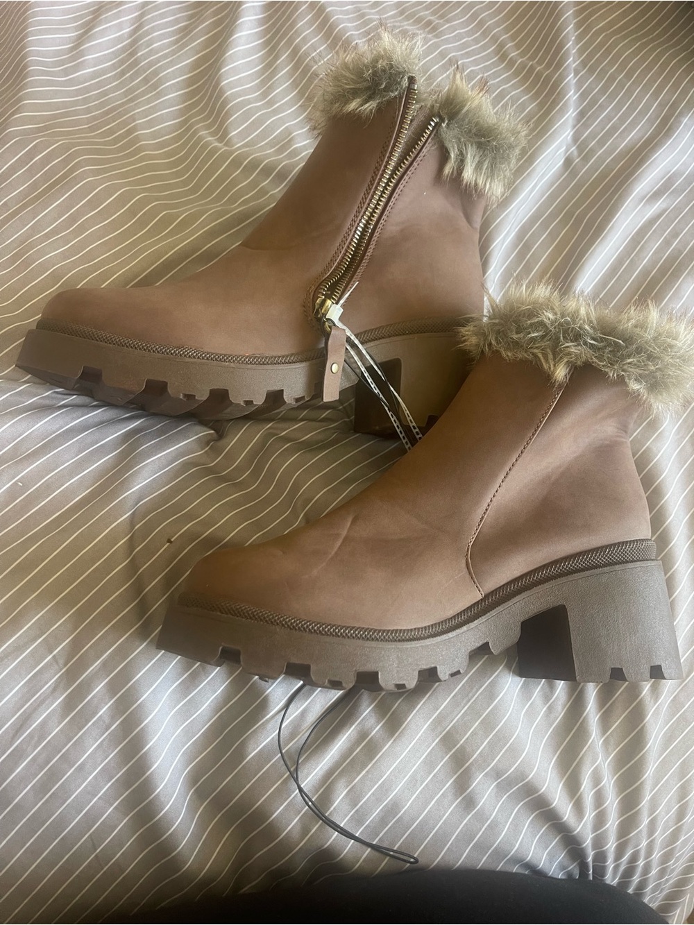 Faux-Fur Trim Platform Ankle Boots in Tan